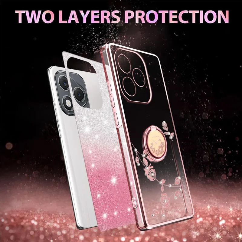 KADEM For Honor 400 Lite 5G Case Ring Kickstand TPU Flowers Phone Cover Gradient Glitter - Pink
