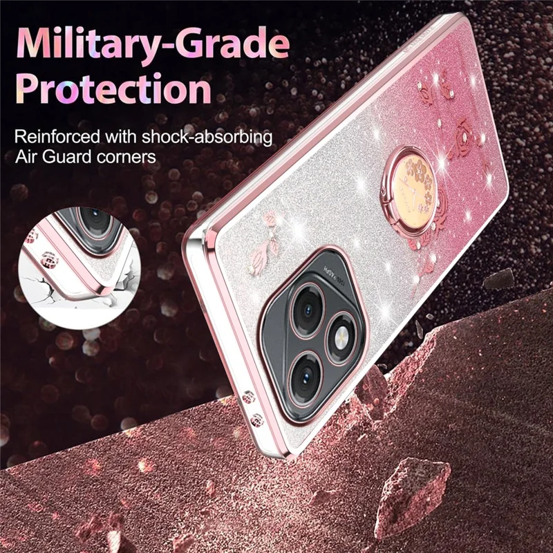 KADEM For Honor 400 Lite 5G Case Ring Kickstand TPU Flowers Phone Cover Gradient Glitter - Pink