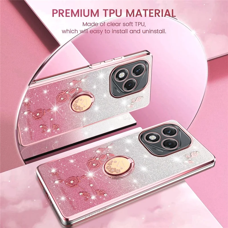 KADEM For Honor 400 Lite 5G Case Ring Kickstand TPU Flowers Phone Cover Gradient Glitter - Pink