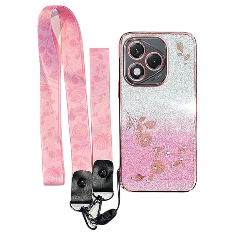 KADEM For Honor 400 Lite 5G Case Flower Pattern TPU Gradient Phone Cover with Lanyards - Rose Gold