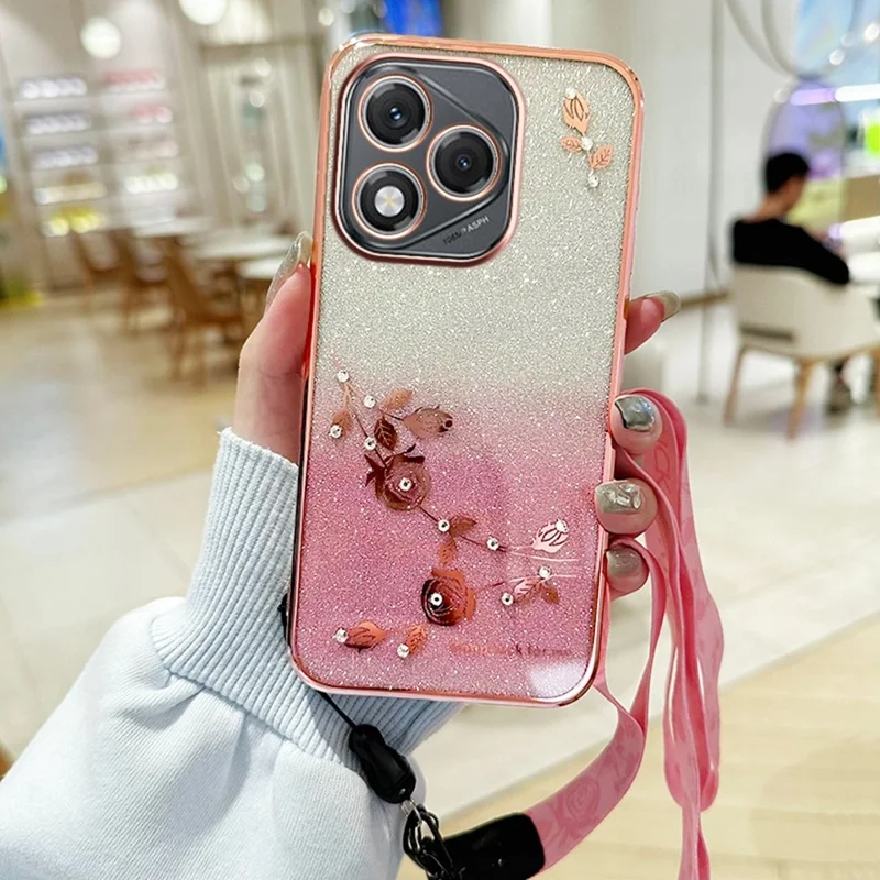 KADEM For Honor 400 Lite 5G Case Flower Pattern TPU Gradient Phone Cover with Lanyards - Rose Gold