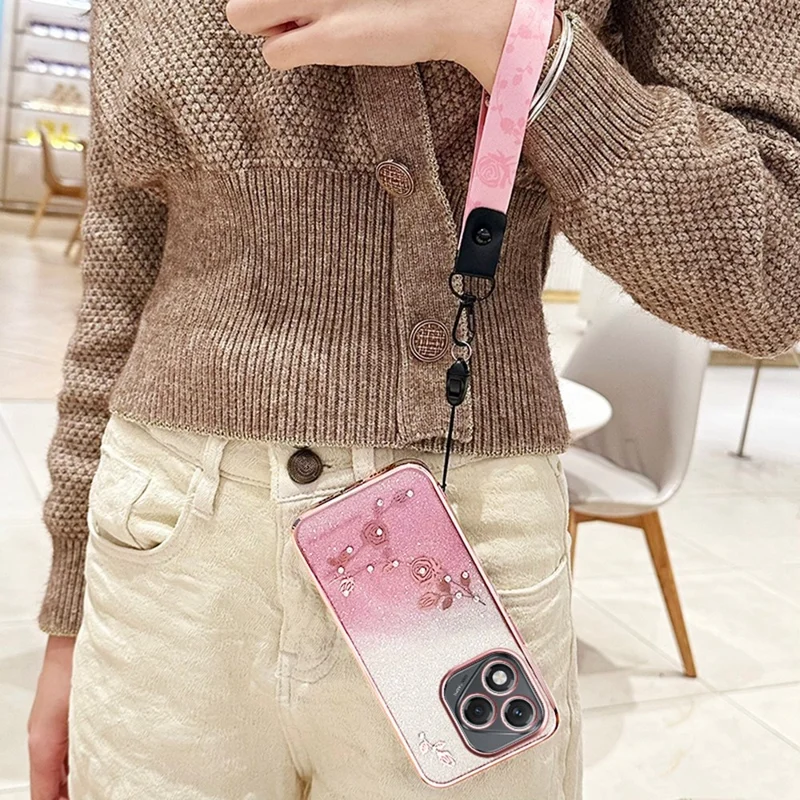 KADEM For Honor 400 Lite 5G Case Flower Pattern TPU Gradient Phone Cover with Lanyards - Rose Gold