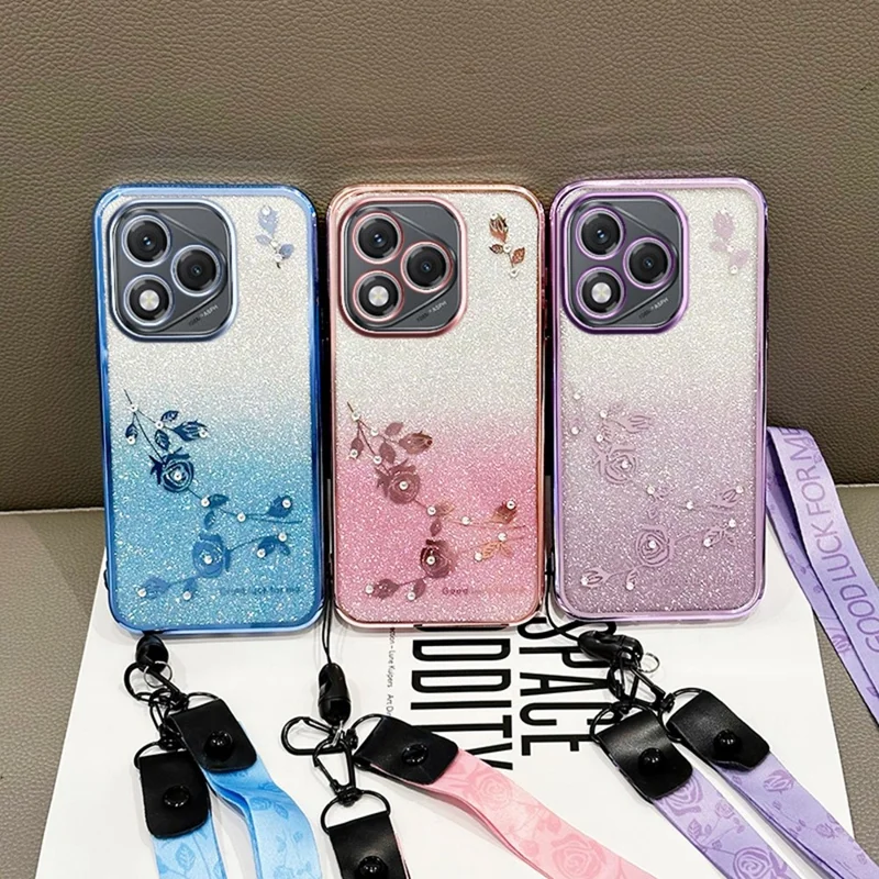 KADEM For Honor 400 Lite 5G Case Flower Pattern TPU Gradient Phone Cover with Lanyards - Rose Gold