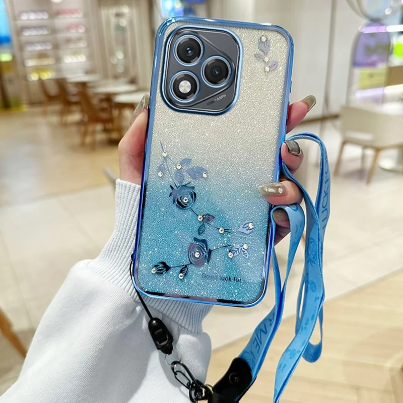 KADEM For Honor 400 Lite 5G Case Flower Pattern TPU Gradient Phone Cover with Lanyards - Blue