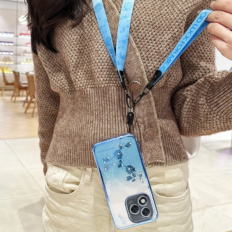 KADEM For Honor 400 Lite 5G Case Flower Pattern TPU Gradient Phone Cover with Lanyards - Blue