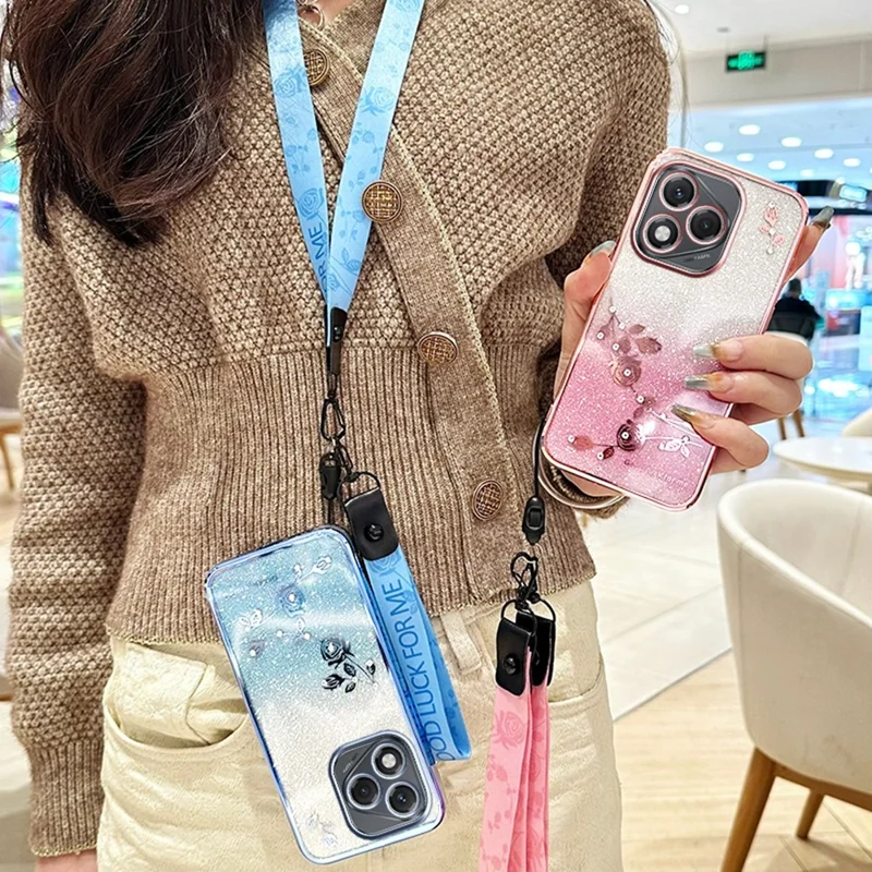 KADEM For Honor 400 Lite 5G Case Flower Pattern TPU Gradient Phone Cover with Lanyards - Blue