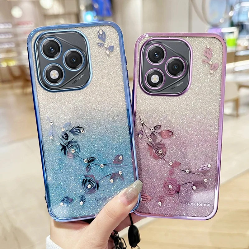 KADEM For Honor 400 Lite 5G Case Flower Pattern TPU Gradient Phone Cover with Lanyards - Blue