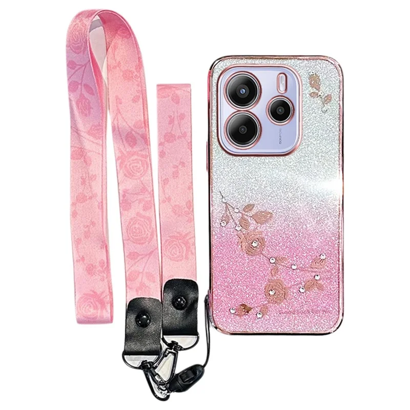 KADEM für Xiaomi Redmi Note 14 4G (164,84 mm) Hülle mit Blumenmuster TPU Farbverlauf Handyhülle mit Trageband - Roségold