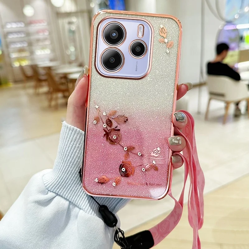 KADEM für Xiaomi Redmi Note 14 4G (164,84 mm) Hülle mit Blumenmuster TPU Farbverlauf Handyhülle mit Trageband - Roségold