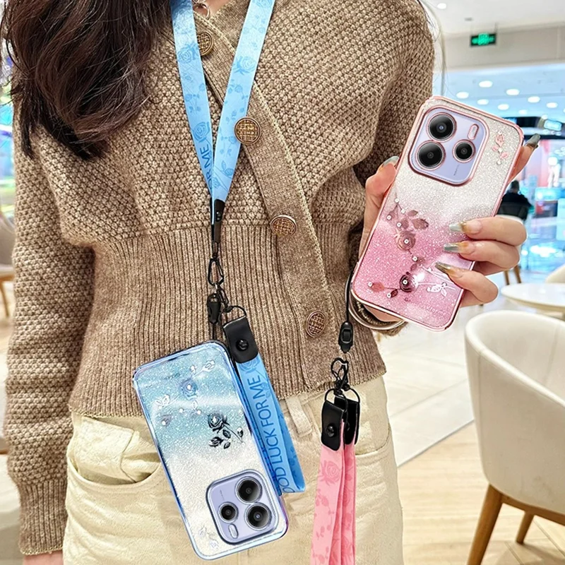 KADEM für Xiaomi Redmi Note 14 4G (164,84 mm) Hülle mit Blumenmuster TPU Farbverlauf Handyhülle mit Trageband - Roségold