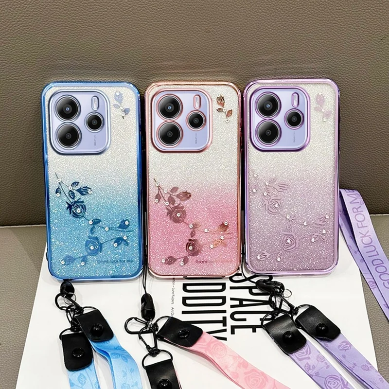 KADEM für Xiaomi Redmi Note 14 4G (164,84 mm) Hülle mit Blumenmuster TPU Farbverlauf Handyhülle mit Trageband - Roségold