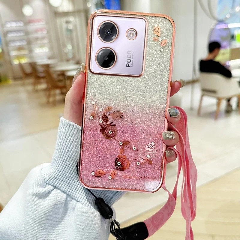 KADEM für Xiaomi Poco M7 Pro 5G Hülle Blumenmuster TPU Farbverlauf Handyhülle mit Schlüsselbändern - Roségold