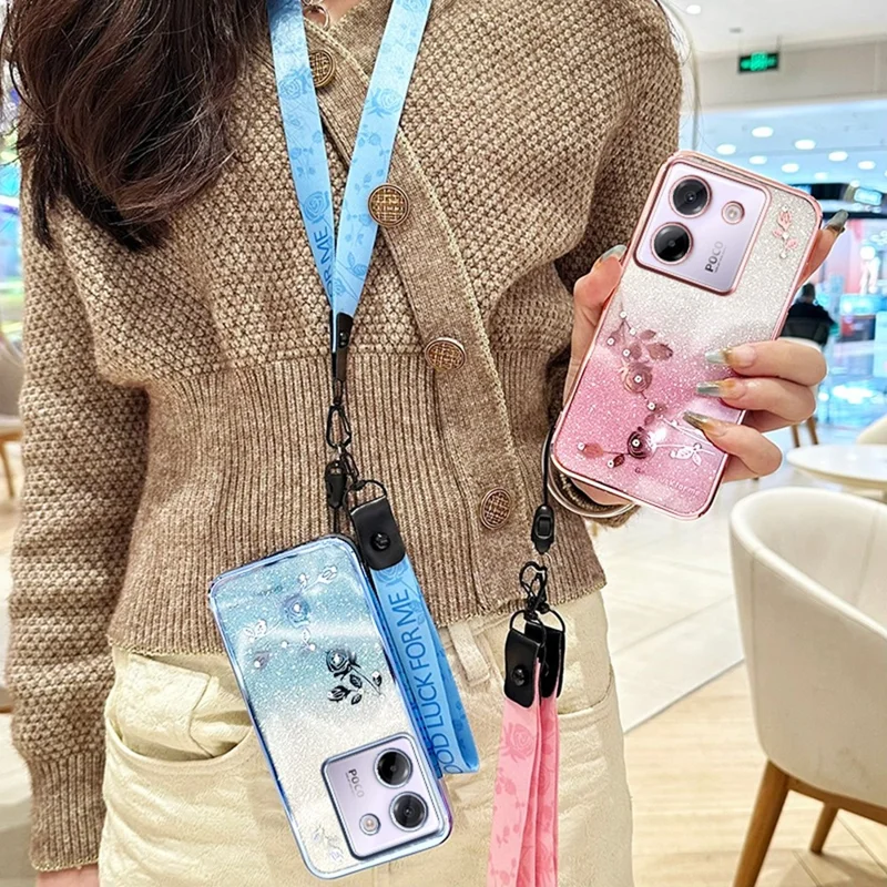 KADEM für Xiaomi Poco M7 Pro 5G Hülle Blumenmuster TPU Farbverlauf Handyhülle mit Schlüsselbändern - Roségold