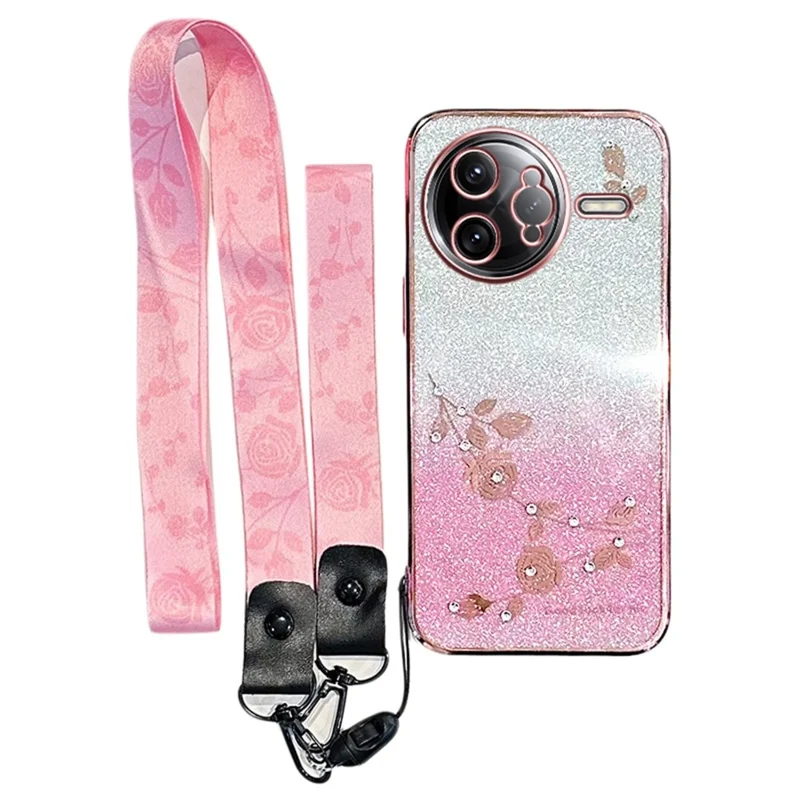 KADEM per Xiaomi Poco F7 Ultra 5G / Redmi K80 Pro 5G Cover con Motivo Floreale TPU Sfumato con Laccio - Oro Rosa
