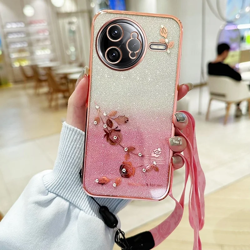 KADEM per Xiaomi Poco F7 Ultra 5G / Redmi K80 Pro 5G Cover con Motivo Floreale TPU Sfumato con Laccio - Oro Rosa