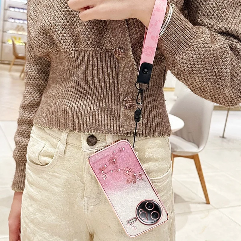 KADEM per Xiaomi Poco F7 Ultra 5G / Redmi K80 Pro 5G Cover con Motivo Floreale TPU Sfumato con Laccio - Oro Rosa
