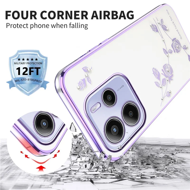 KADEM For Xiaomi Redmi Note 14 4G (163.25mm) Case Flower Rhinestone Decor Electroplating TPU Phone Cover - Purple