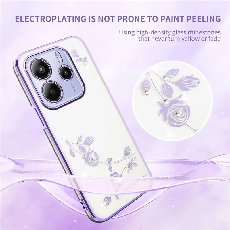 KADEM For Xiaomi Redmi Note 14 4G (163.25mm) Case Flower Rhinestone Decor Electroplating TPU Phone Cover - Purple