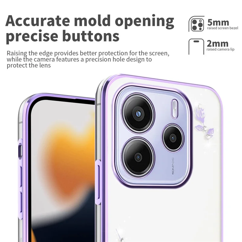 KADEM For Xiaomi Redmi Note 14 4G (163.25mm) Case Flower Rhinestone Decor Electroplating TPU Phone Cover - Purple