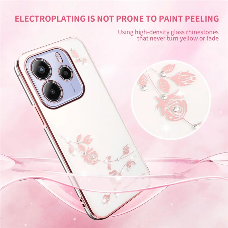 KADEM für Xiaomi Redmi Note 14 4G (164,84 mm) Hülle mit Blumen-Strass-Verzierung, galvanisierte TPU-Handyhülle - Roségold