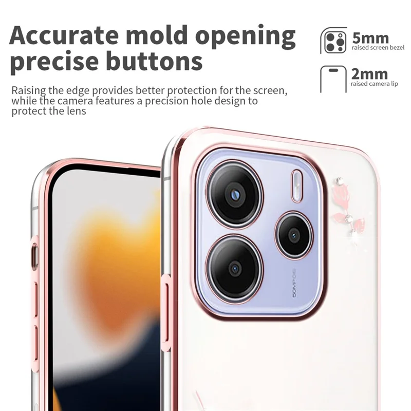 KADEM für Xiaomi Redmi Note 14 4G (164,84 mm) Hülle mit Blumen-Strass-Verzierung, galvanisierte TPU-Handyhülle - Roségold
