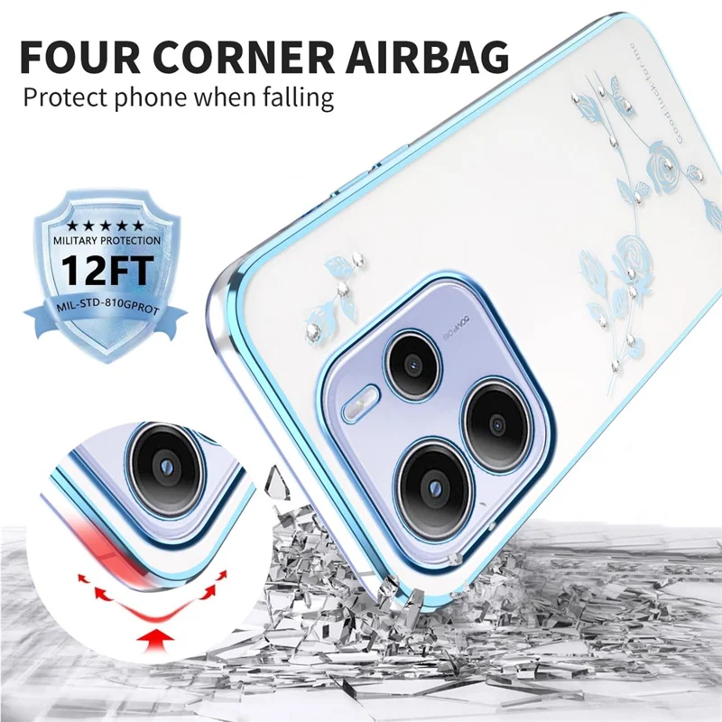 KADEM per Xiaomi Redmi Note 14 5G Cover con Fiori e Strass Decorazione Elettroplatata Cover Telefono TPU - Blu