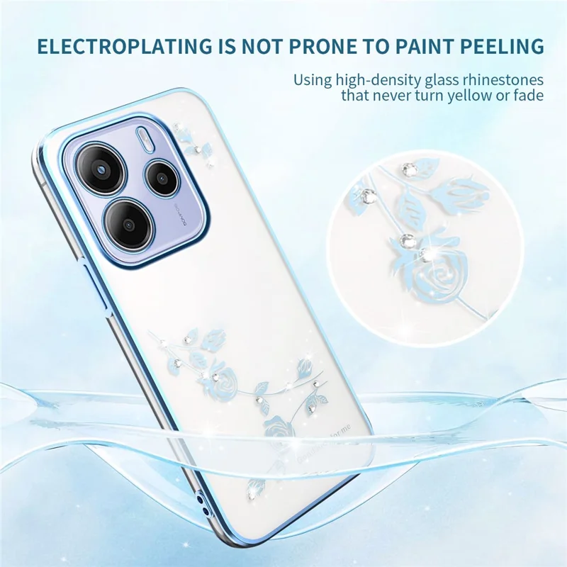 KADEM per Xiaomi Redmi Note 14 5G Cover con Fiori e Strass Decorazione Elettroplatata Cover Telefono TPU - Blu