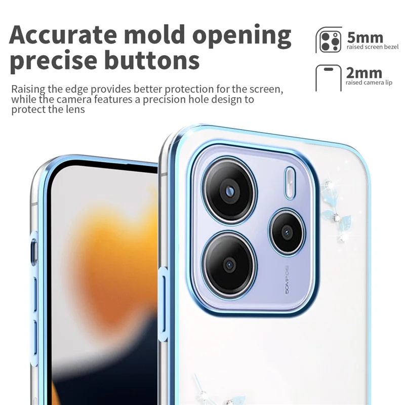 KADEM per Xiaomi Redmi Note 14 5G Cover con Fiori e Strass Decorazione Elettroplatata Cover Telefono TPU - Blu