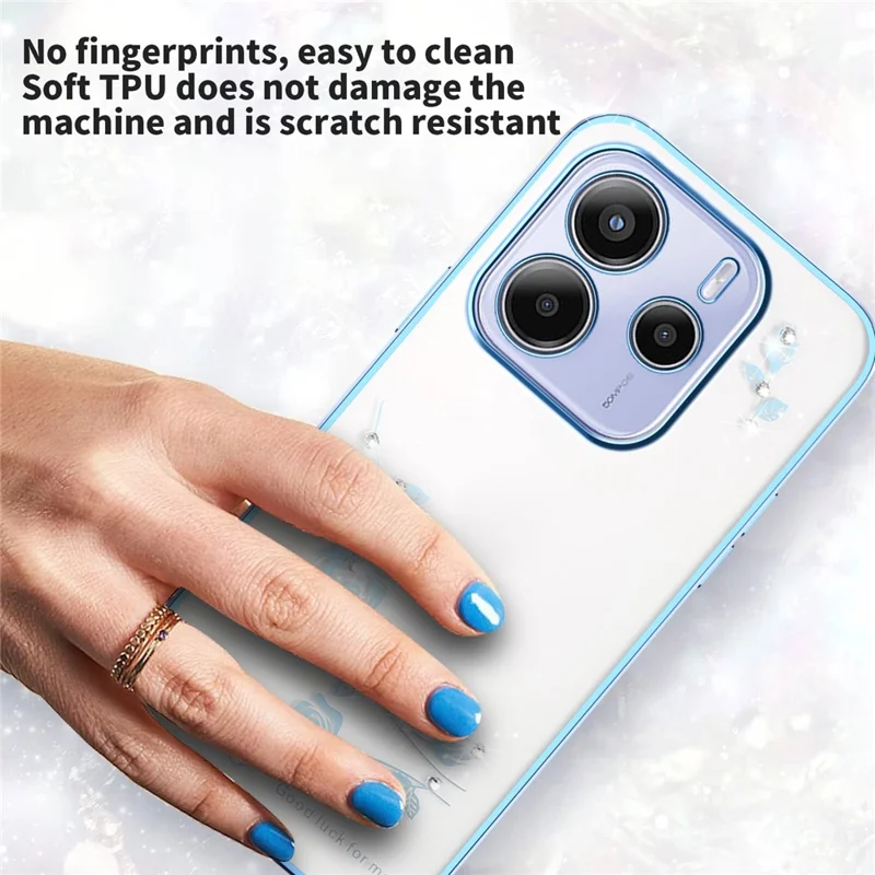 KADEM per Xiaomi Redmi Note 14 5G Cover con Fiori e Strass Decorazione Elettroplatata Cover Telefono TPU - Blu