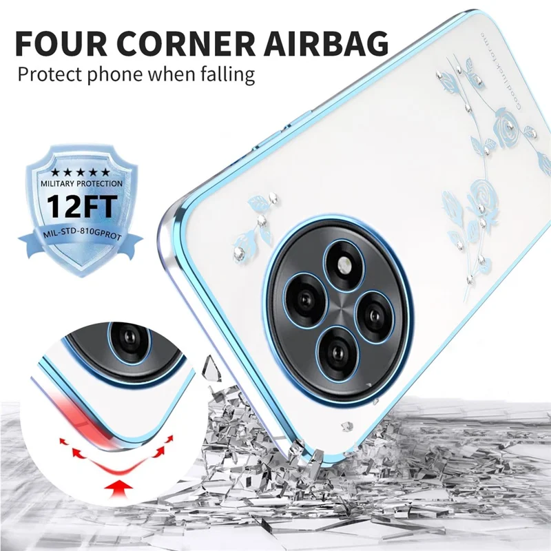 Capa para OnePlus 13R 5G / Ace 5 5G / Ace 5 Pro 5G da KADEM com decoração de flor e strass, acabamento em TPU eletrolítico - Azul