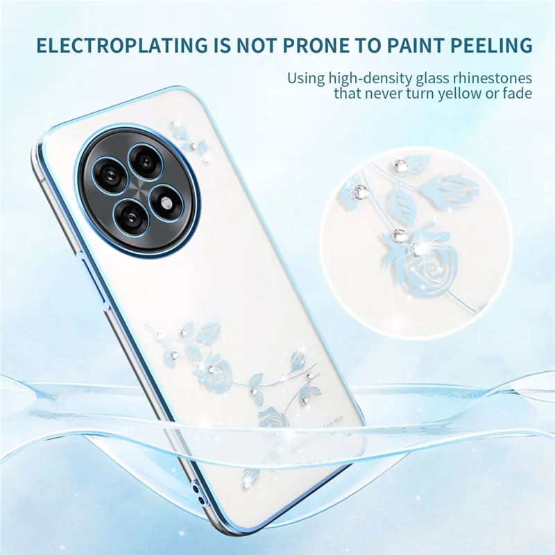 Capa para OnePlus 13R 5G / Ace 5 5G / Ace 5 Pro 5G da KADEM com decoração de flor e strass, acabamento em TPU eletrolítico - Azul