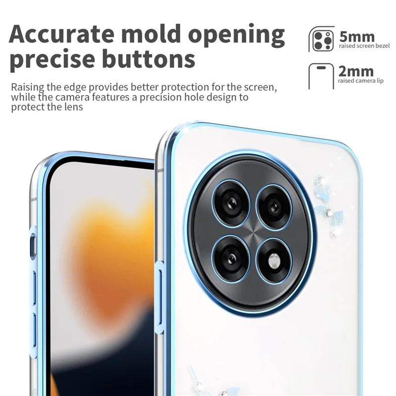 Capa para OnePlus 13R 5G / Ace 5 5G / Ace 5 Pro 5G da KADEM com decoração de flor e strass, acabamento em TPU eletrolítico - Azul