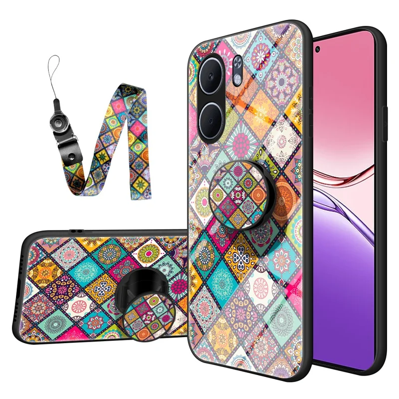 For Oppo A5x 4G / 5G Case Kickstand Ethnic Pattern Tempered Glass Phone Cover with Strap - Checkered Pattern