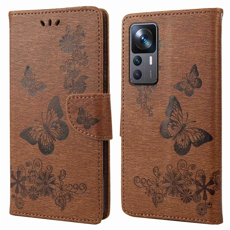 Pour Xiaomi 12T 5G Butlerfles Fleur Impression de Portefeuille D'amortisseur PU Cuir pu Stand Magnétique Flip Folio Téléphone Couverture - Brun