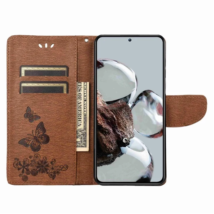 Pour Xiaomi 12T 5G Butlerfles Fleur Impression de Portefeuille D'amortisseur PU Cuir pu Stand Magnétique Flip Folio Téléphone Couverture - Brun