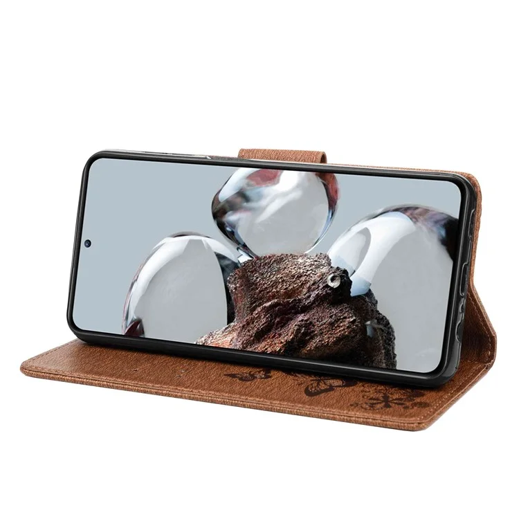 For Xiaomi 12T 5G / Redmi K50 Ultra 5G Butterflies Flower Imprinting Shockproof Wallet Case PU Leather Stand Magnetic Closure Flip Folio Phone Cover - Brown