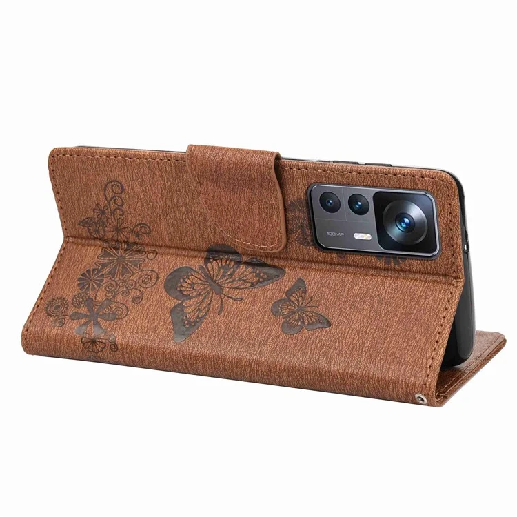 For Xiaomi 12T 5G / Redmi K50 Ultra 5G Butterflies Flower Imprinting Shockproof Wallet Case PU Leather Stand Magnetic Closure Flip Folio Phone Cover - Brown