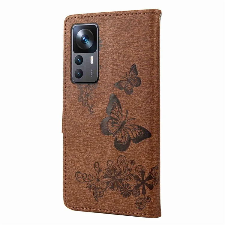 For Xiaomi 12T 5G / Redmi K50 Ultra 5G Butterflies Flower Imprinting Shockproof Wallet Case PU Leather Stand Magnetic Closure Flip Folio Phone Cover - Brown