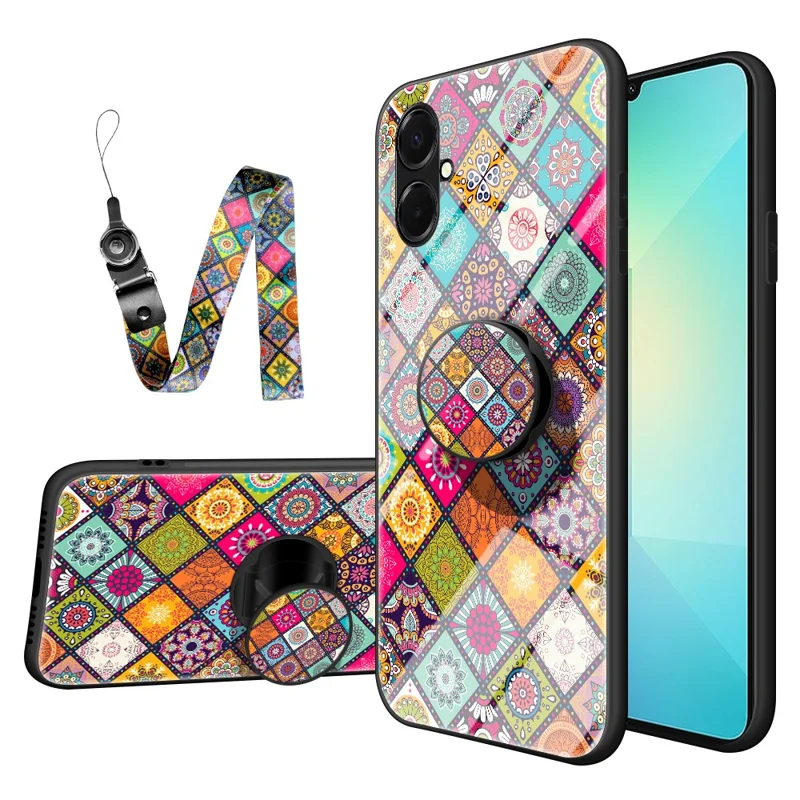 For Samsung Galaxy A07 4G Case Kickstand Ethnic Pattern Tempered Glass Phone Cover with Strap - Color Pattern