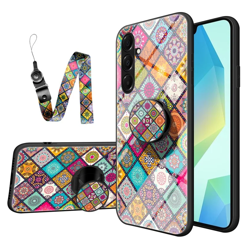 For Samsung Galaxy A17 5G Case Kickstand Ethnic Pattern Tempered Glass Phone Cover with Strap - Checkered Pattern