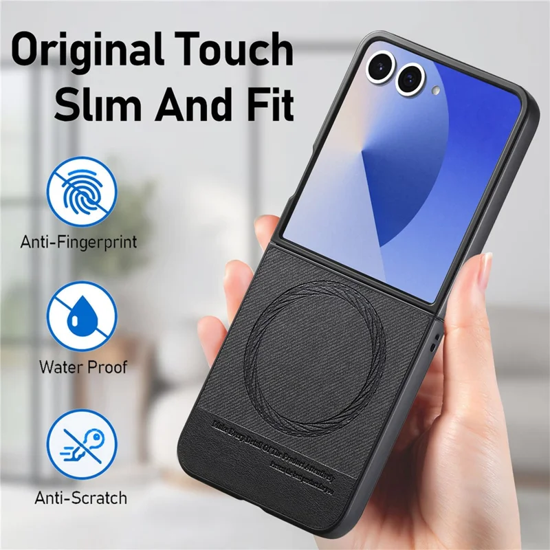 For Samsung Galaxy Z Flip7 5G Case Compatible with MagSafe Denim Texture Leather + PC Shockproof Phone Cover - Black
