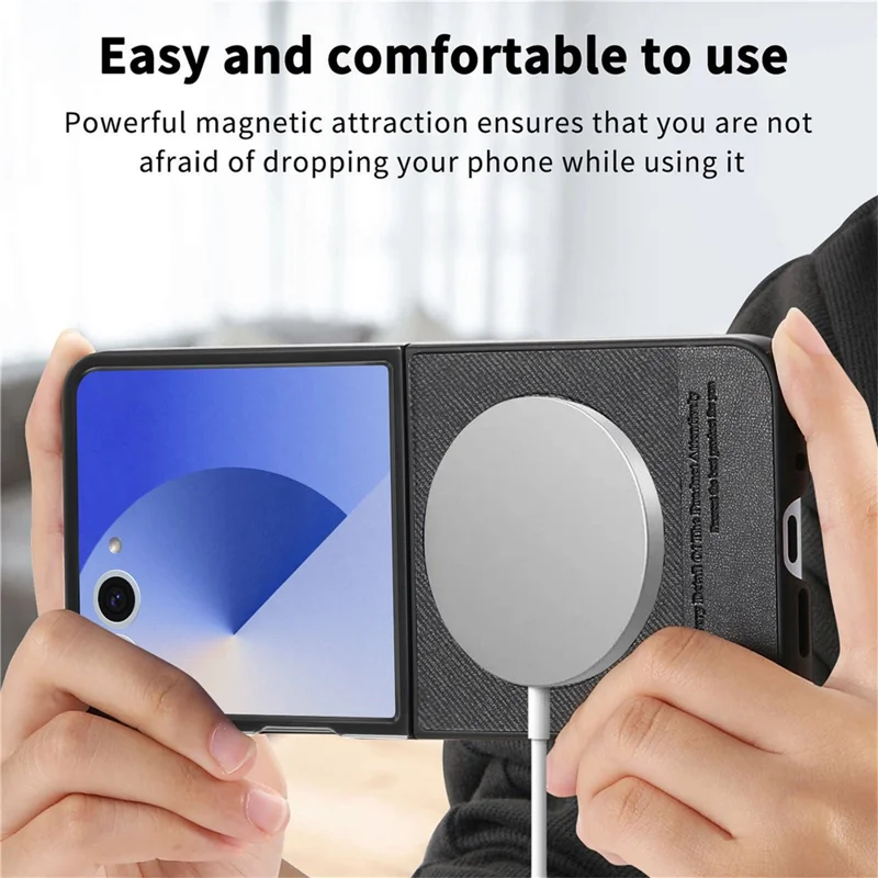 For Samsung Galaxy Z Flip7 5G Case Compatible with MagSafe Denim Texture Leather + PC Shockproof Phone Cover - Black