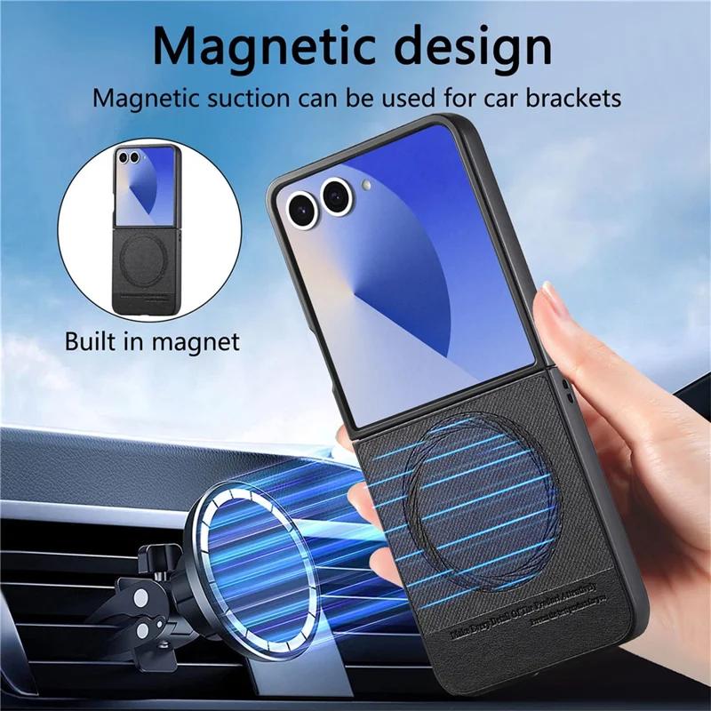 For Samsung Galaxy Z Flip7 5G Case Compatible with MagSafe Denim Texture Leather + PC Shockproof Phone Cover - Black