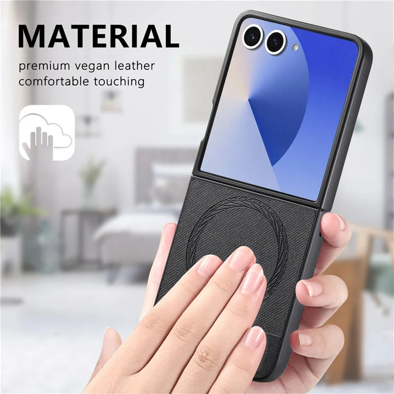 For Samsung Galaxy Z Flip7 5G Case Compatible with MagSafe Denim Texture Leather + PC Shockproof Phone Cover - Black