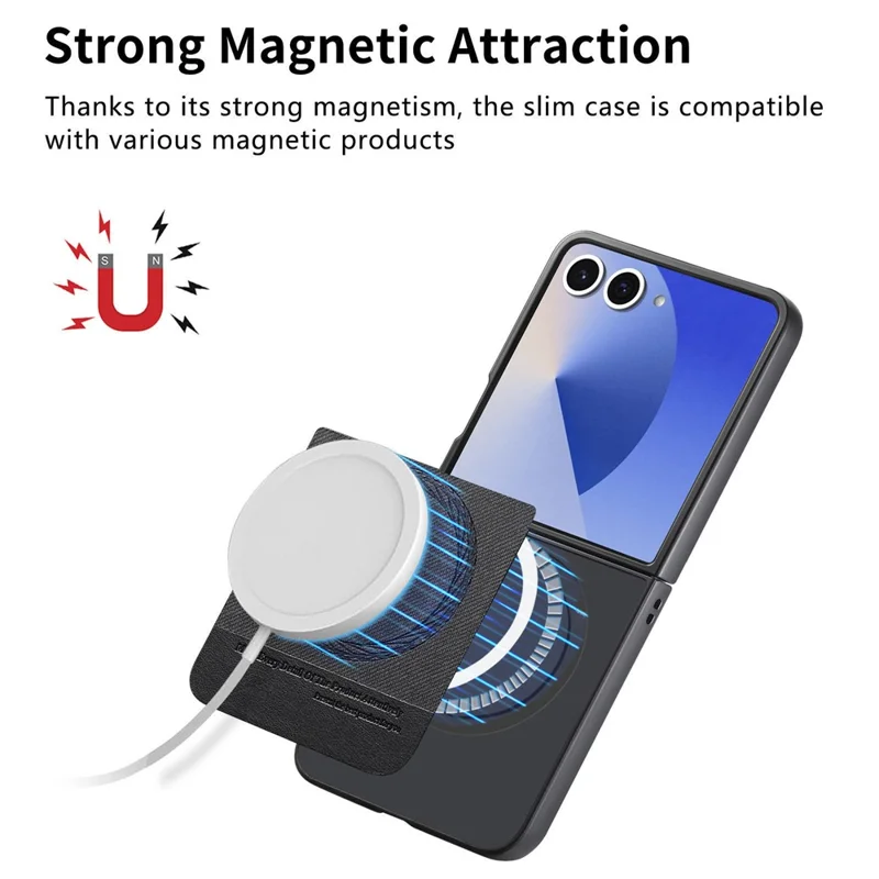 For Samsung Galaxy Z Flip7 5G Case Compatible with MagSafe Denim Texture Leather + PC Shockproof Phone Cover - Black