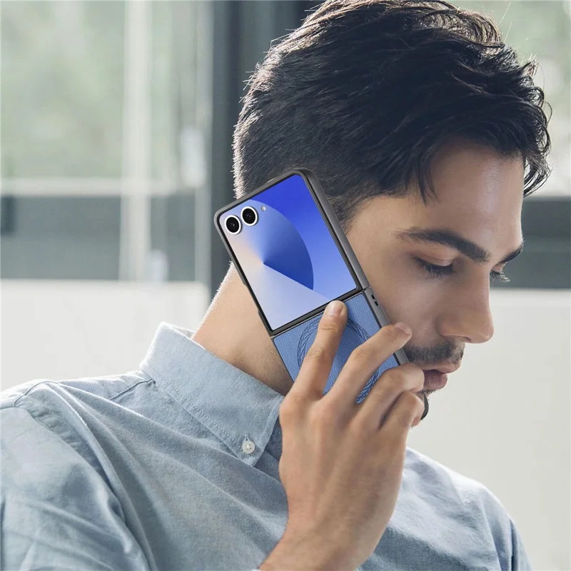 Capa para Samsung Galaxy Z Flip7 5G Compatível com MagSafe - Textura de Jeans em Couro + PC à Prova de Choque - Azul