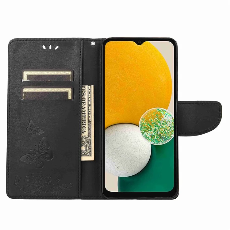 PU Leather Protective Case for Samsung Galaxy A14 5G / A14 4G Butterflies Flower Imprinting Flip Stand Wallet Phone Cover - Black