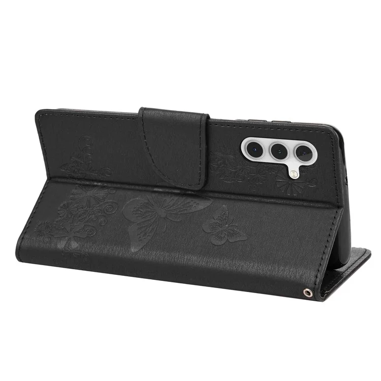 PU Leather Protective Case for Samsung Galaxy A14 5G / A14 4G Butterflies Flower Imprinting Flip Stand Wallet Phone Cover - Black