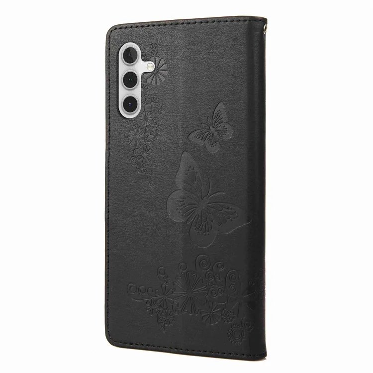 PU Leather Protective Case for Samsung Galaxy A14 5G / A14 4G Butterflies Flower Imprinting Flip Stand Wallet Phone Cover - Black