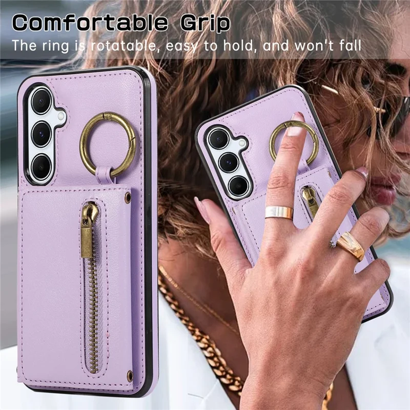 For Samsung Galaxy S25+  /  S24+ Leather Back Cover Zipper Wallet Kickstand Phone Case with Shoulder Strap - Purple